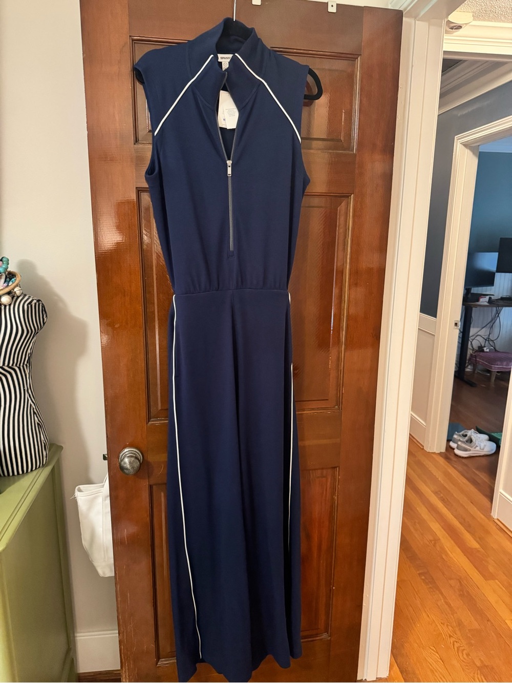 Spanx Air Pique Navy Wide-Leg Jumpsuit with Contrast Piping - Picture 2 of 5
